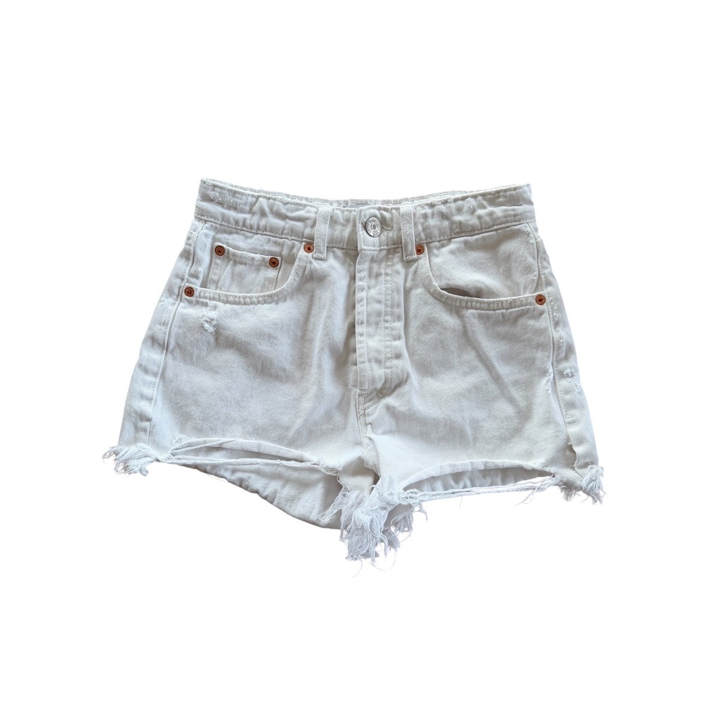 Zara White High Waisted Distressed Denim Shorts Button Fly Size 4